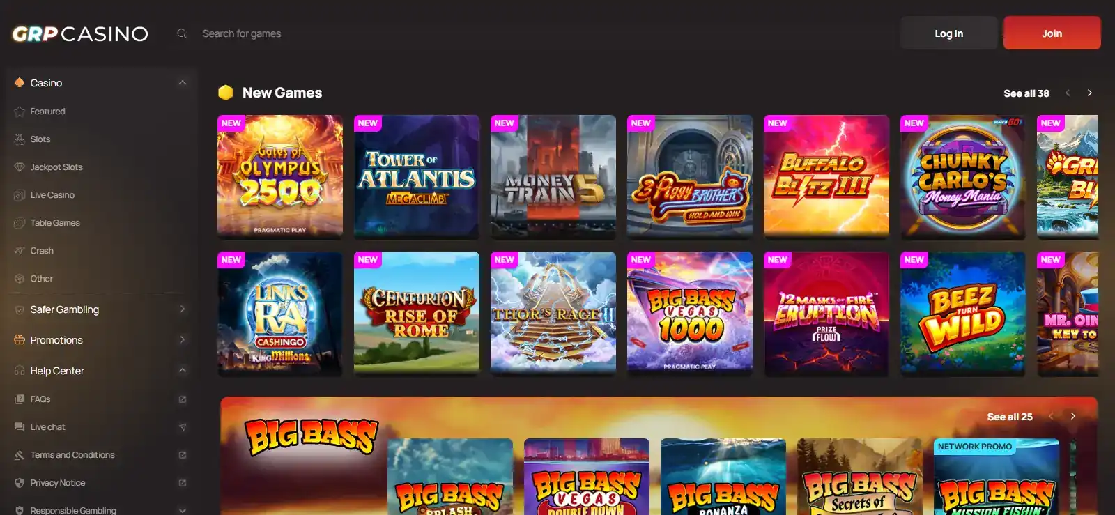 Current GRP Casino game library presentation in the UK App Store