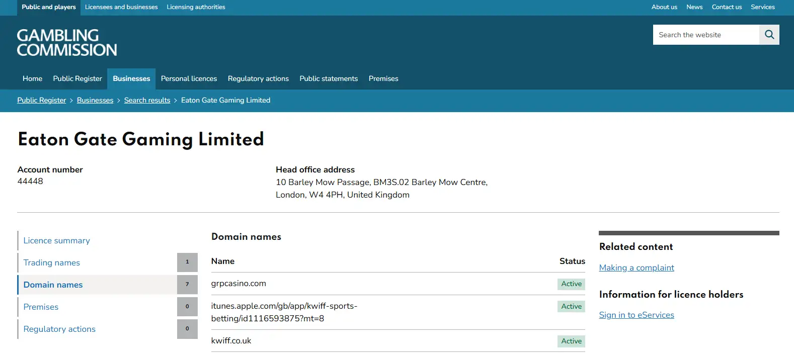 UK Gambling Commission register entry showing Eaton Gate Gaming Limited and the active grpcasino.com domain