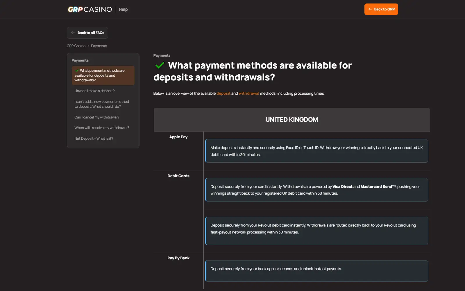 Current GRP Casino UK cashier payment options