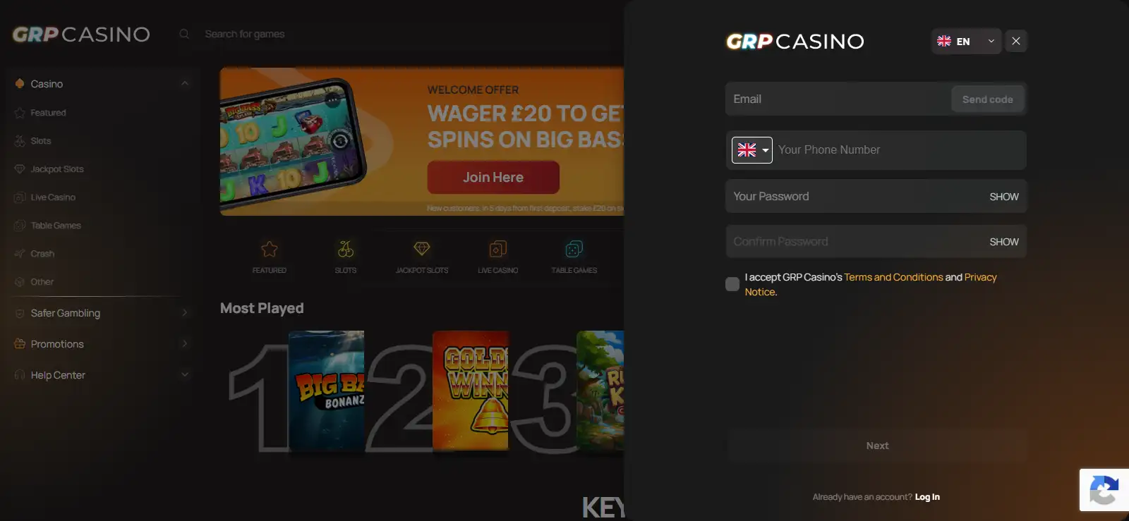 GRP Casino UK account registration interface