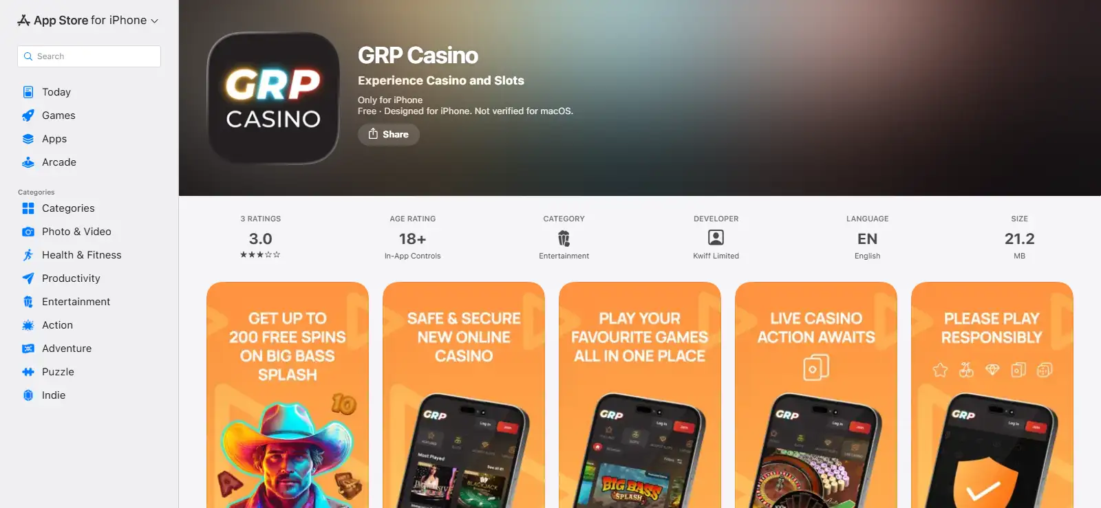 Official GRP Casino mobile app listing