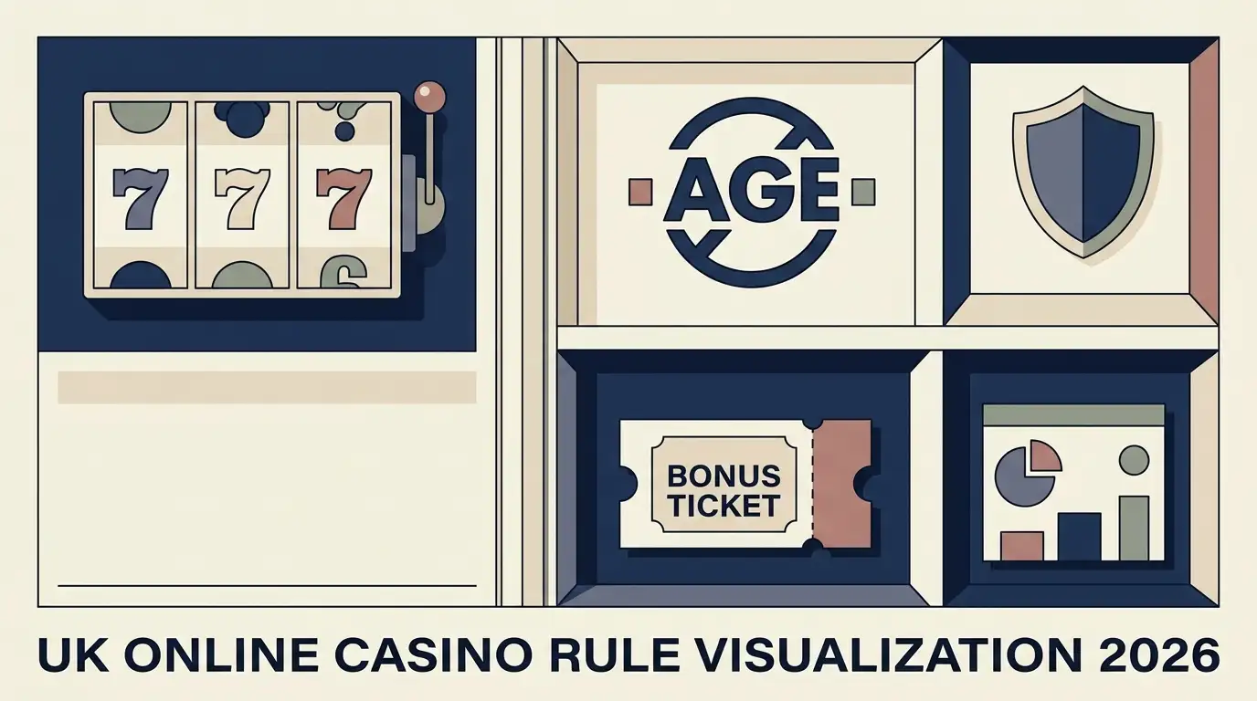 Editorial illustration of UK online casino controls including slot stake limits, promotion rules, self-exclusion and deposit limits