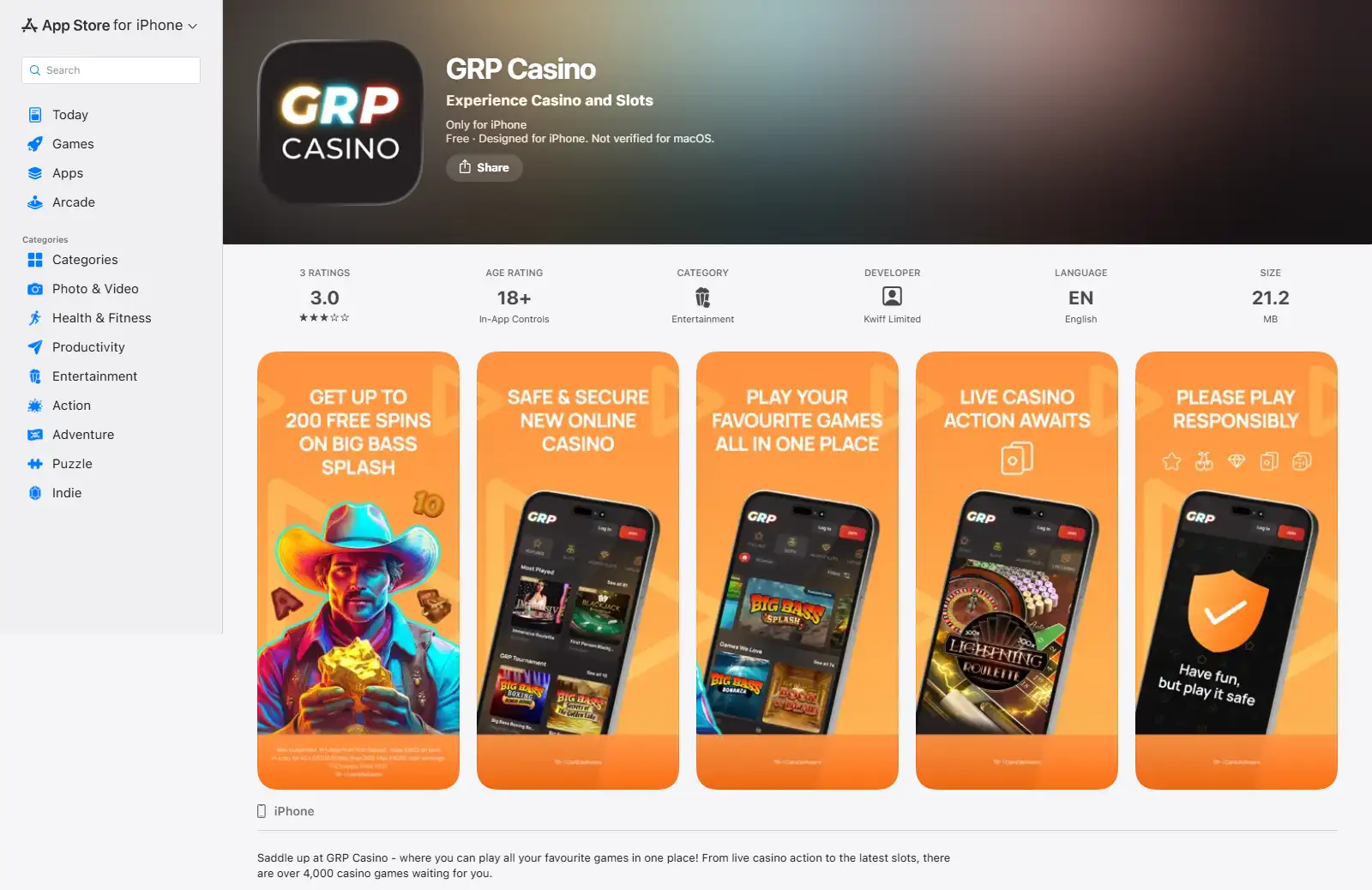 Screenshot of the current GRP Casino UK App Store listing